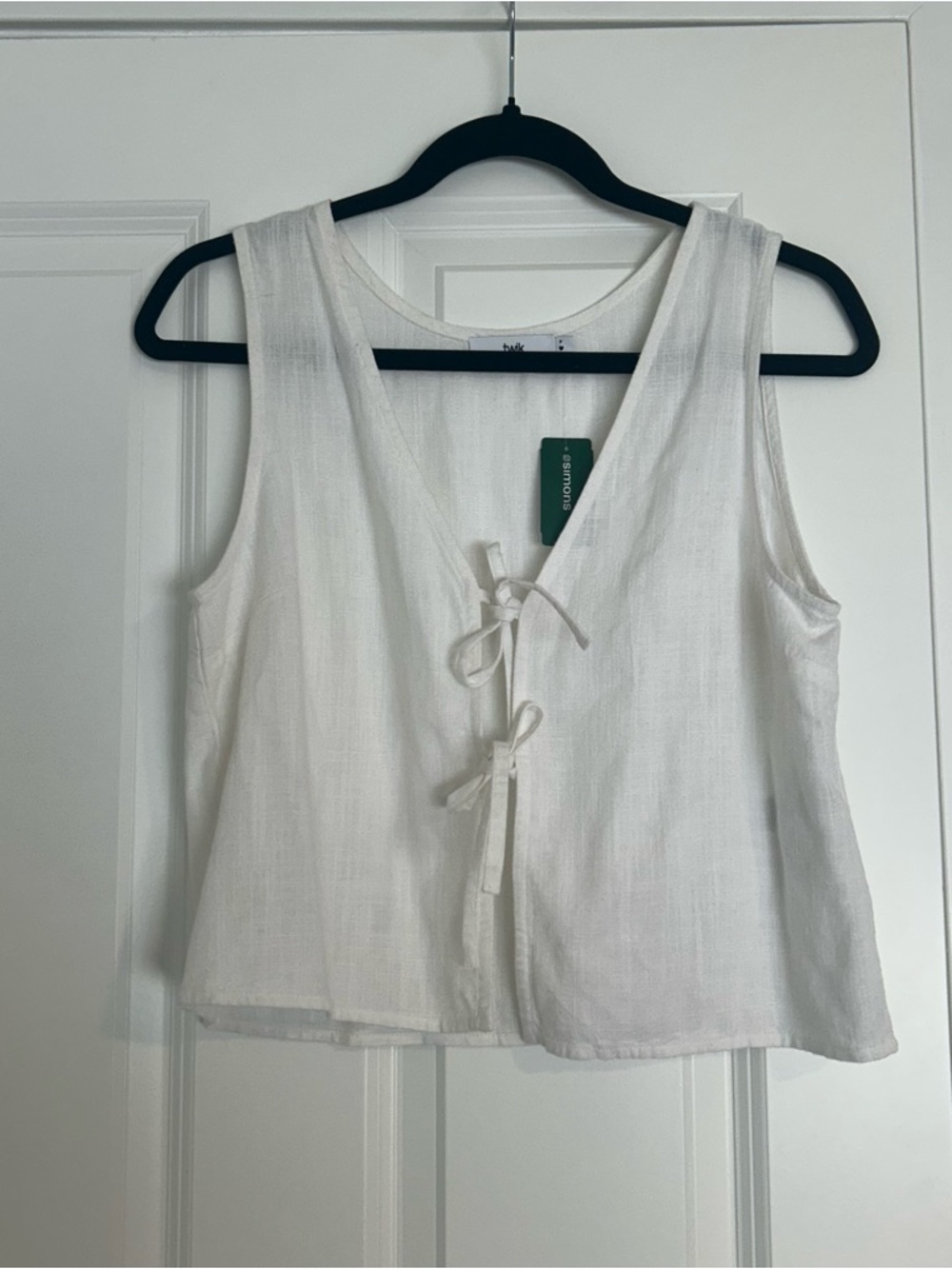 twik Cream Tie-Front Linen-Blend Tank